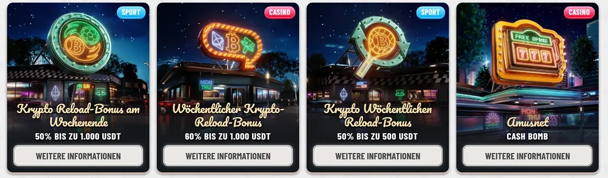 German casino promo cards featuring crypto weekend and weekly reload bonuses plus a cash bomb offer, with neon-style signage, sport and casino labels, bonus amounts in USDT, and “Weitere Informationen” buttons.