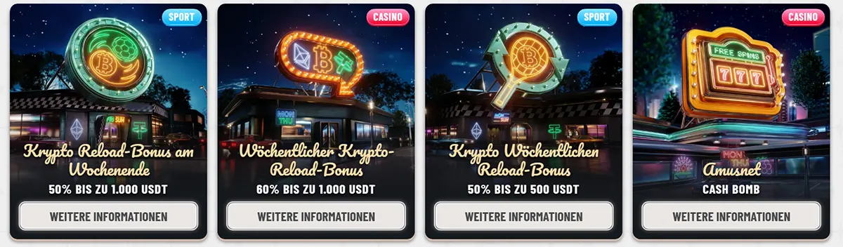 German casino promo cards featuring crypto weekend and weekly reload bonuses plus a cash bomb offer, with neon-style signage, sport and casino labels, bonus amounts in USDT, and “Weitere Informationen” buttons.