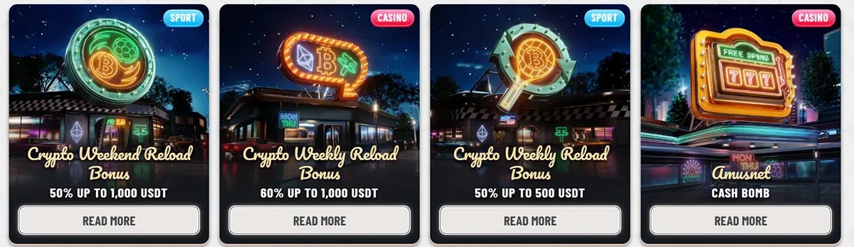 Casino promo cards featuring crypto reload bonuses and a cash bomb offer, with neon-style signage, sport and casino labels, bonus amounts in USDT, and “Read More” buttons.
