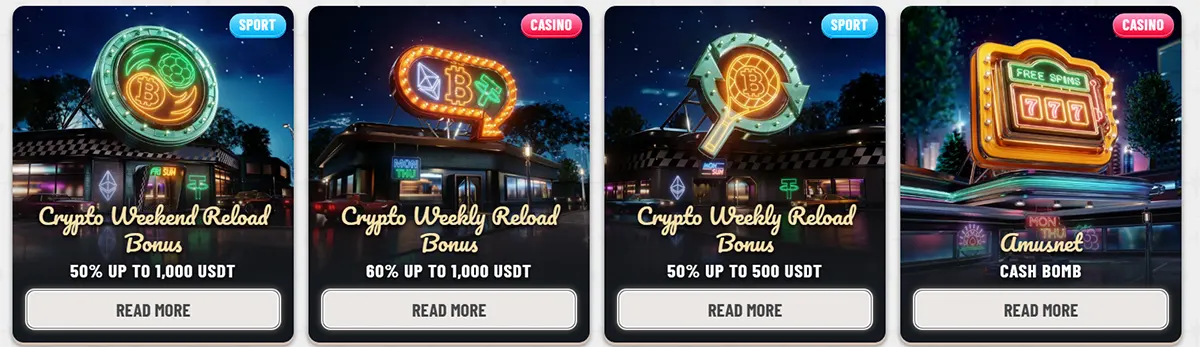 Casino promo cards featuring crypto reload bonuses and a cash bomb offer, with neon-style signage, sport and casino labels, bonus amounts in USDT, and “Read More” buttons.