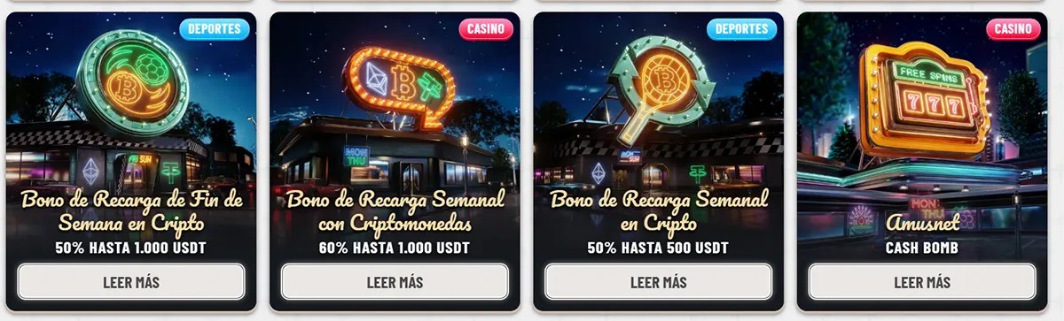 Spanish casino promo cards featuring crypto weekend and weekly reload bonuses plus a cash bomb offer, with neon-style signage, sports and casino labels, bonus amounts in USDT, and “Leer más” buttons.