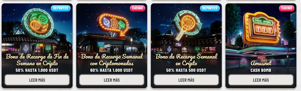 Spanish casino promo cards featuring crypto weekend and weekly reload bonuses plus a cash bomb offer, with neon-style signage, sports and casino labels, bonus amounts in USDT, and “Leer más” buttons.