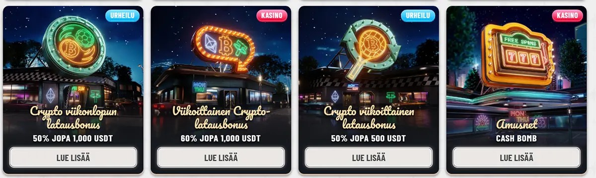 Finnish casino promo cards featuring crypto weekend and weekly reload bonuses plus a cash bomb offer, with neon-style signage, sports and casino labels, bonus amounts in USDT, and “Lue lisää” buttons.