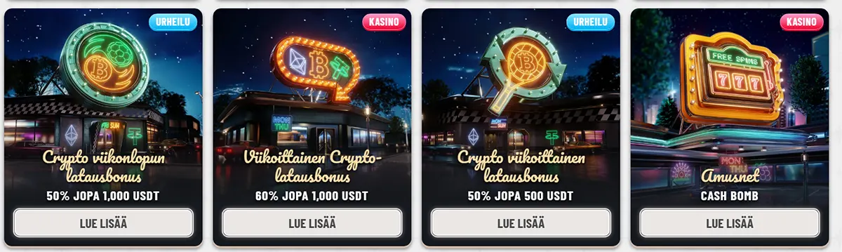 Finnish casino promo cards featuring crypto weekend and weekly reload bonuses plus a cash bomb offer, with neon-style signage, sports and casino labels, bonus amounts in USDT, and “Lue lisää” buttons.