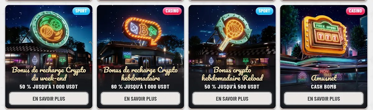 French casino promo cards featuring crypto weekend and weekly reload bonuses plus a cash bomb offer, with neon-style signage, sport and casino labels, bonus amounts in USDT, and “En savoir plus” buttons.