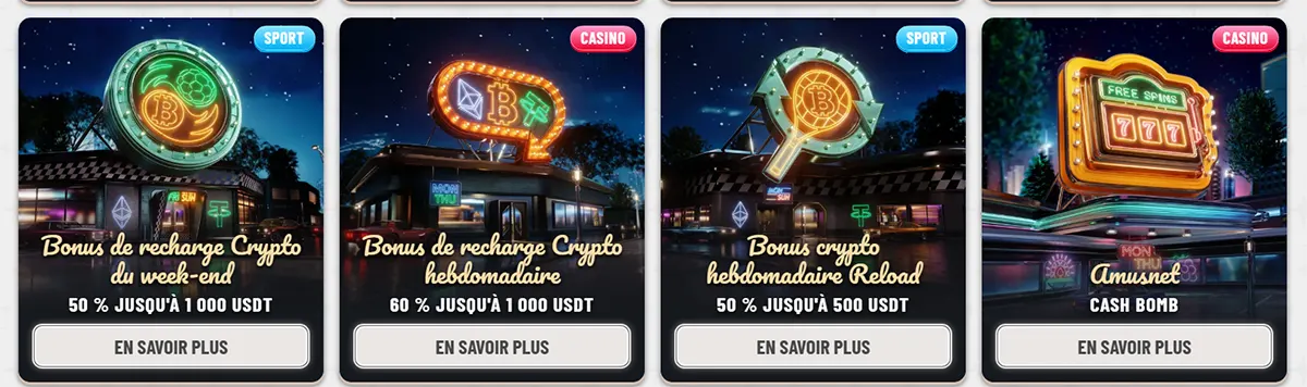 French casino promo cards featuring crypto weekend and weekly reload bonuses plus a cash bomb offer, with neon-style signage, sport and casino labels, bonus amounts in USDT, and “En savoir plus” buttons.