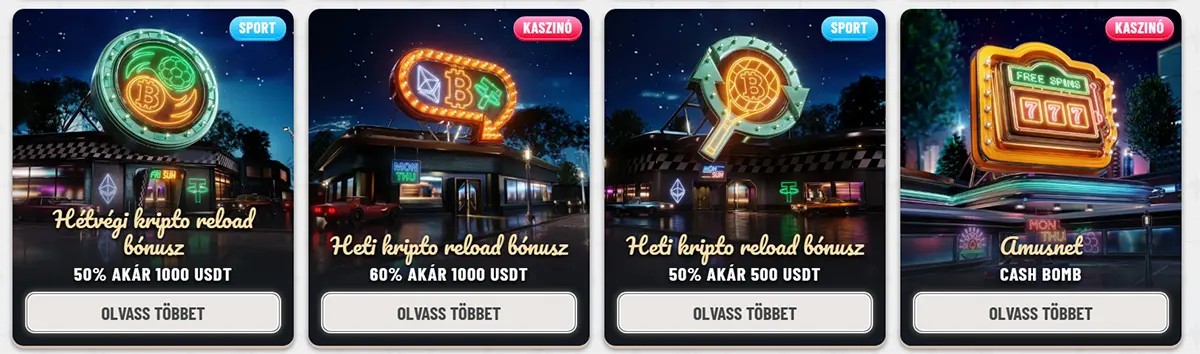Hungarian casino promo cards featuring crypto weekend and weekly reload bonuses plus a cash bomb offer, with neon-style signage, sport and casino labels, bonus amounts in USDT, and “Olvass többet” buttons.