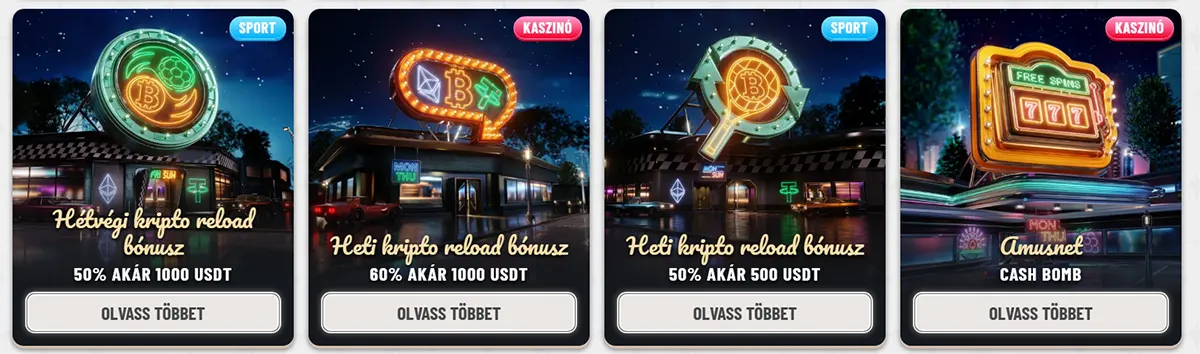 Hungarian casino promo cards featuring crypto weekend and weekly reload bonuses plus a cash bomb offer, with neon-style signage, sport and casino labels, bonus amounts in USDT, and “Olvass többet” buttons.