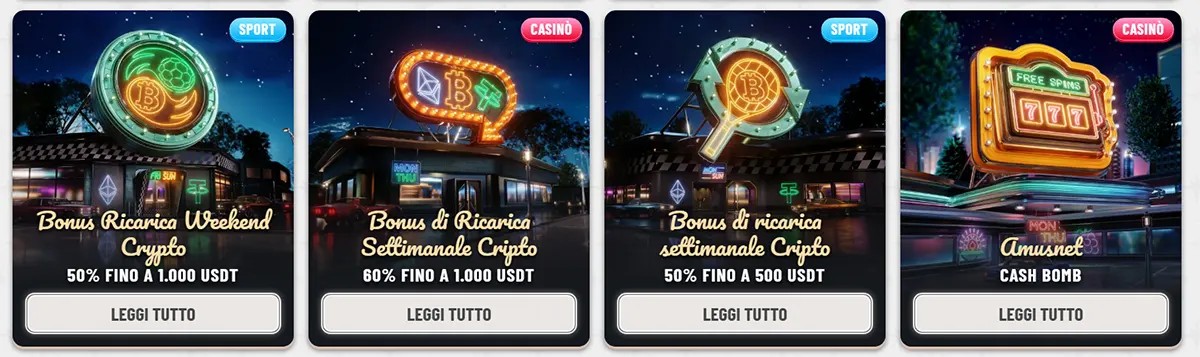 Italian casino promo cards featuring crypto weekend and weekly reload bonuses plus a cash bomb offer, with neon-style signage, sport and casino labels, bonus amounts in USDT, and “Leggi tutto” buttons.
