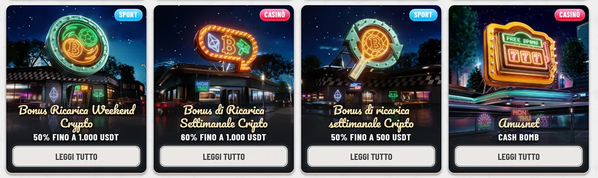Italian casino promo cards featuring crypto weekend and weekly reload bonuses plus a cash bomb offer, with neon-style signage, sport and casino labels, bonus amounts in USDT, and “Leggi tutto” buttons.