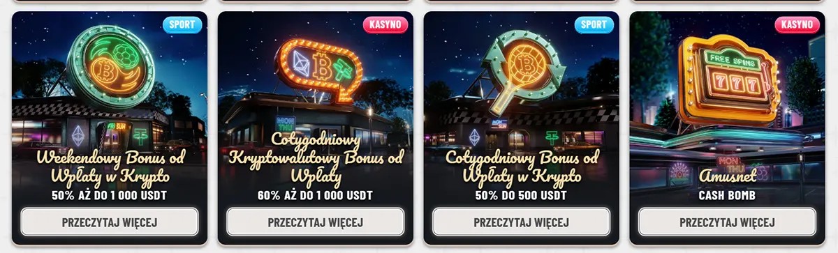 Polish casino promo cards featuring crypto weekend and weekly deposit bonuses plus a cash bomb offer, with neon-style signage, sport and casino labels, bonus amounts in USDT, and “Przeczytaj więcej” buttons.