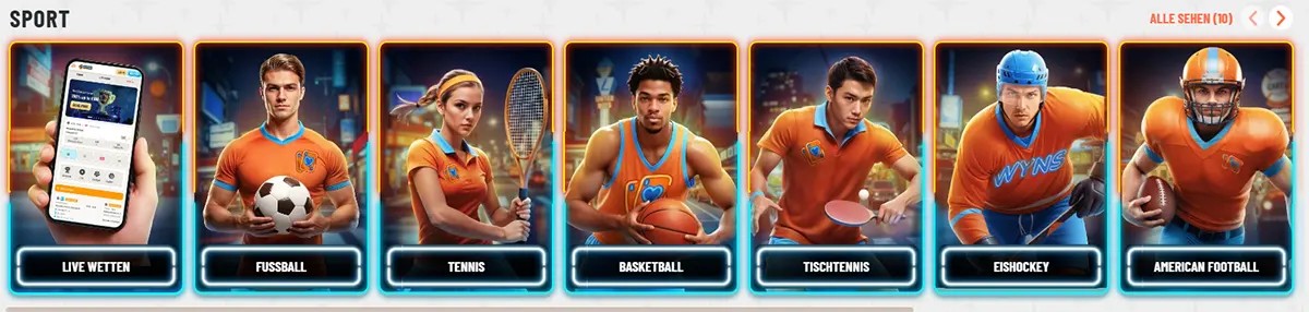 German sports categories section with neon-framed cards for live betting, football, tennis, basketball, table tennis, ice hockey, and American football, plus an “Alle sehen” link on a light background.
