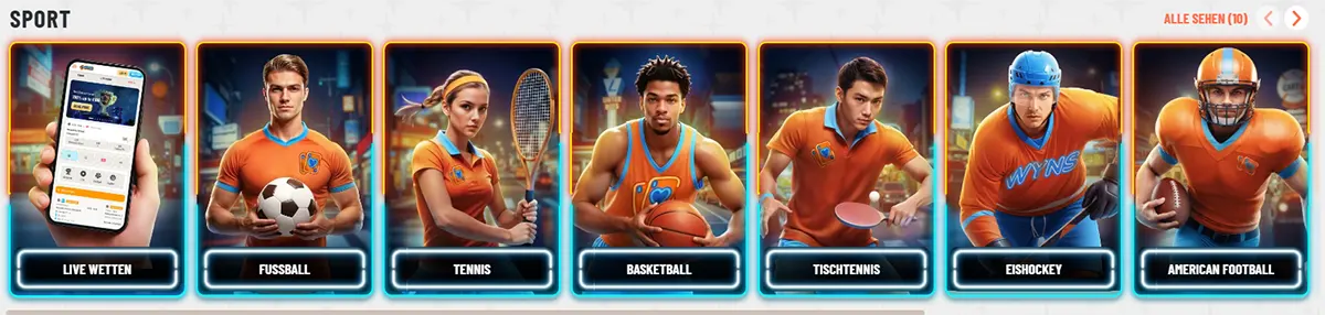 German sports categories section with neon-framed cards for live betting, football, tennis, basketball, table tennis, ice hockey, and American football, plus an “Alle sehen” link on a light background.