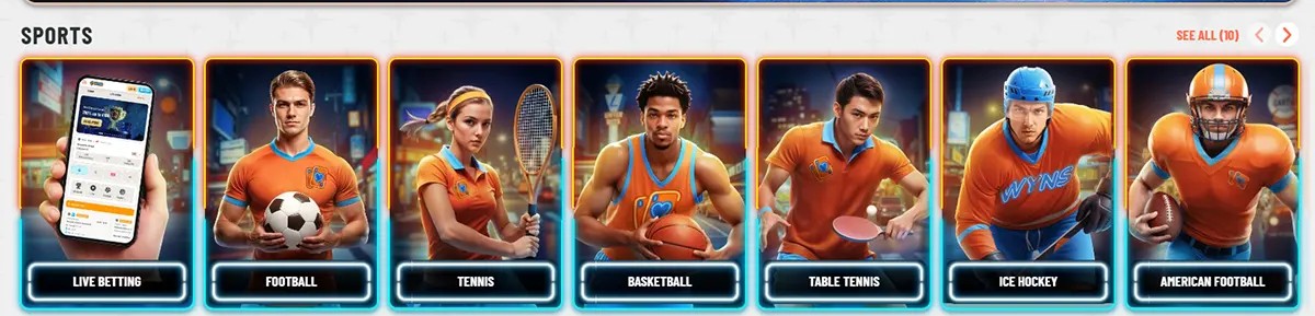 Sports categories section with neon-framed cards for live betting, football, tennis, basketball, table tennis, ice hockey, and American football, plus a “See All” link on a light background.