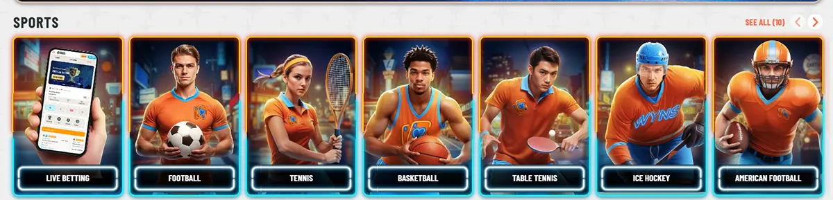 Sports categories section with neon-framed cards for live betting, football, tennis, basketball, table tennis, ice hockey, and American football, plus a “See All” link on a light background.