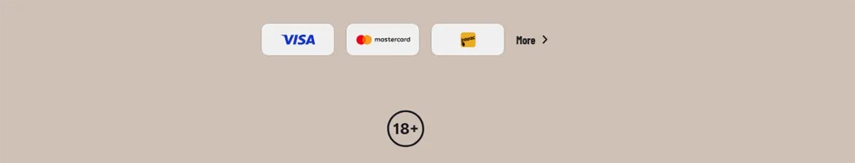 Payment methods footer with Visa, Mastercard, and Maestro icons, a “More” link, and an 18+ badge on a light beige background.