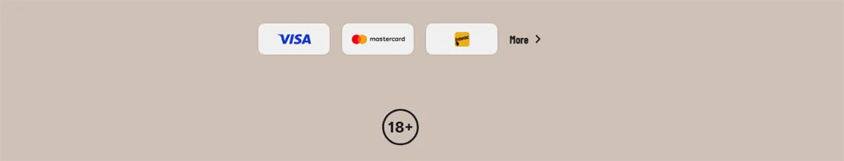 Payment methods footer with Visa, Mastercard, and Maestro icons, a “More” link, and an 18+ badge on a light beige background.