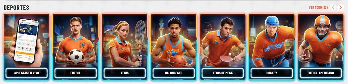 Spanish sports categories section with neon-framed cards for live betting, football, tennis, basketball, table tennis, hockey, and American football, plus a “Ver todo” link on a light background.