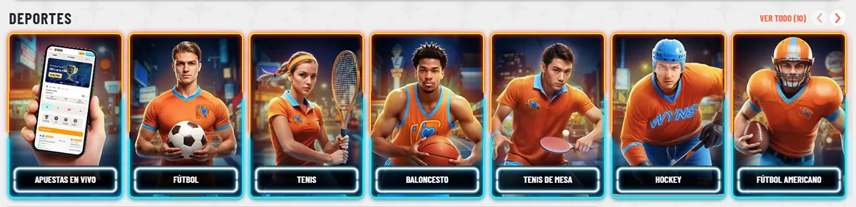 Spanish sports categories section with neon-framed cards for live betting, football, tennis, basketball, table tennis, hockey, and American football, plus a “Ver todo” link on a light background.