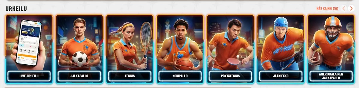 Finnish sports categories section with neon-framed cards for live sports, football, tennis, basketball, table tennis, ice hockey, and American football, plus a “Näe kaikki” link on a light background.