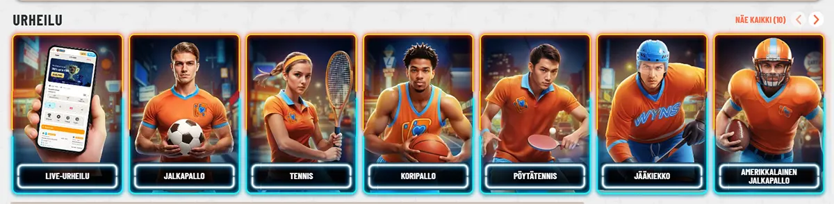 Finnish sports categories section with neon-framed cards for live sports, football, tennis, basketball, table tennis, ice hockey, and American football, plus a “Näe kaikki” link on a light background.