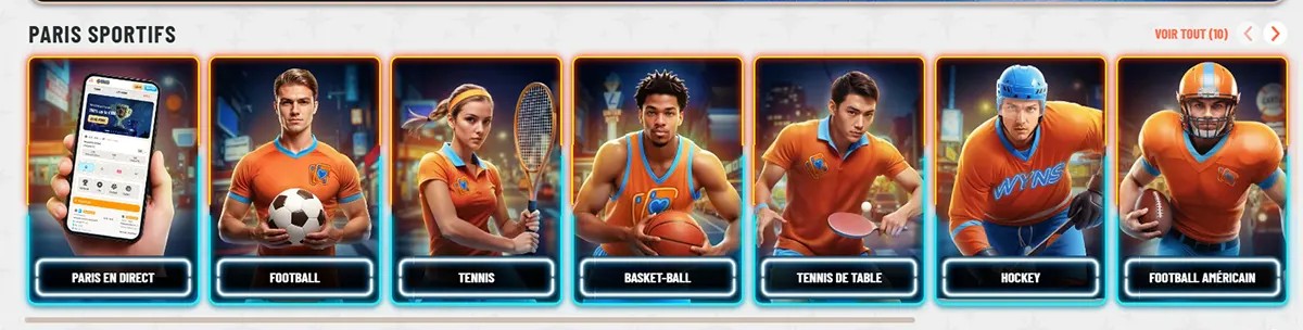 French sports categories section with neon-framed cards for live betting, football, tennis, basketball, table tennis, hockey, and American football, plus a “Voir tout” link on a light background.