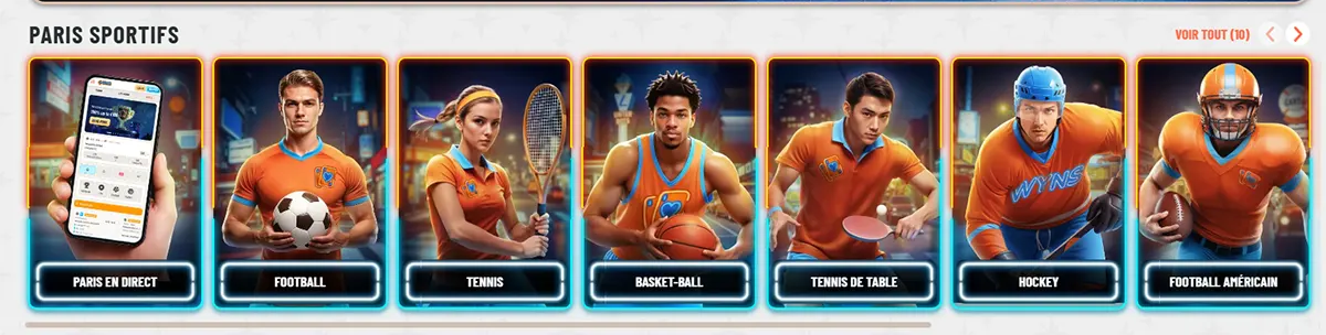 French sports categories section with neon-framed cards for live betting, football, tennis, basketball, table tennis, hockey, and American football, plus a “Voir tout” link on a light background.