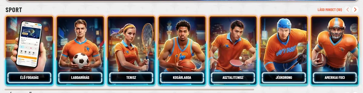 Hungarian sports categories section with neon-framed cards for live betting, football, tennis, basketball, table tennis, ice hockey, and American football, plus a “Lásd mindet” link on a light background.