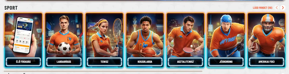 Hungarian sports categories section with neon-framed cards for live betting, football, tennis, basketball, table tennis, ice hockey, and American football, plus a “Lásd mindet” link on a light background.
