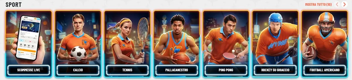 Italian sports categories section with neon-framed cards for live betting, football, tennis, basketball, ping pong, ice hockey, and American football, plus a “Mostra tutto” link on a light background.