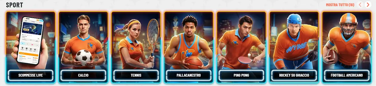 Italian sports categories section with neon-framed cards for live betting, football, tennis, basketball, ping pong, ice hockey, and American football, plus a “Mostra tutto” link on a light background.