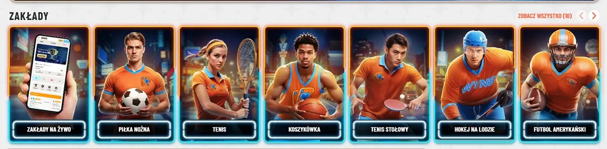 Polish sports categories section with neon-framed cards for live betting, football, tennis, basketball, table tennis, ice hockey, and American football, plus a “Zobacz wszystko” link on a light background.