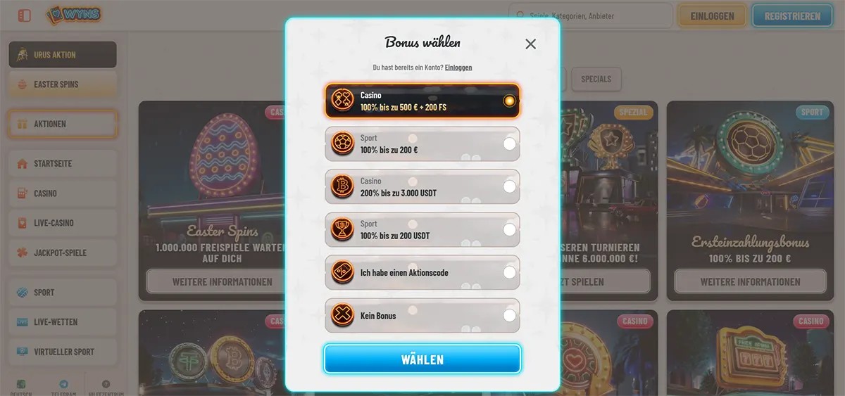 German casino welcome bonus selection popup with multiple bonus options for casino, sport, and crypto offers, plus promo code and no-bonus choices, and a bright blue “Wählen” button on a light casino interface.