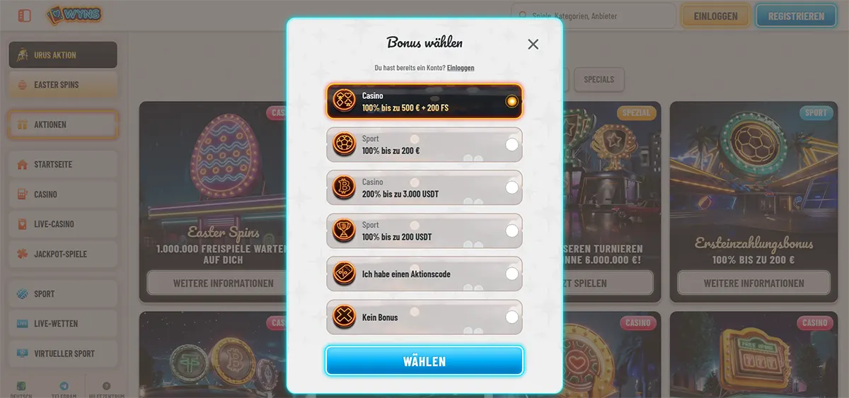 German casino welcome bonus selection popup with multiple bonus options for casino, sport, and crypto offers, plus promo code and no-bonus choices, and a bright blue “Wählen” button on a light casino interface.