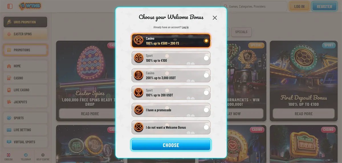 Casino welcome bonus selection popup with multiple bonus options for casino, sport, and crypto offers, a promo code option, no-bonus choice, and a bright blue choose button on a light casino interface.