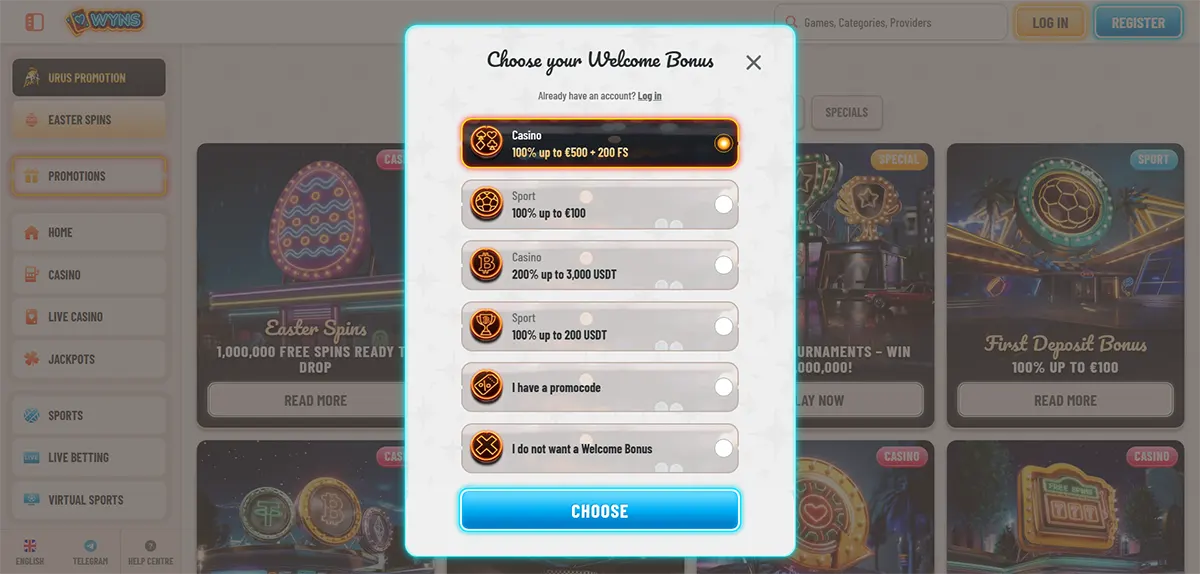 Casino welcome bonus selection popup with multiple bonus options for casino, sport, and crypto offers, a promo code option, no-bonus choice, and a bright blue choose button on a light casino interface.