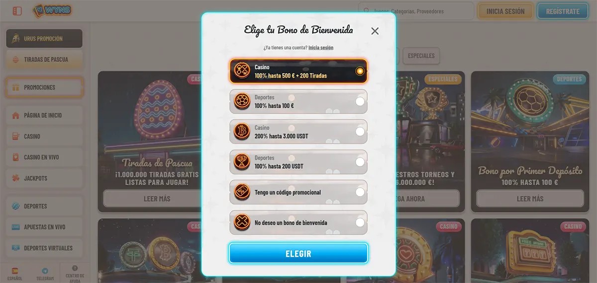 Spanish casino welcome bonus selection popup with multiple bonus options for casino, sports, and crypto offers, plus promo code and no-bonus choices, and a bright blue “Elegir” button on a light casino interface.