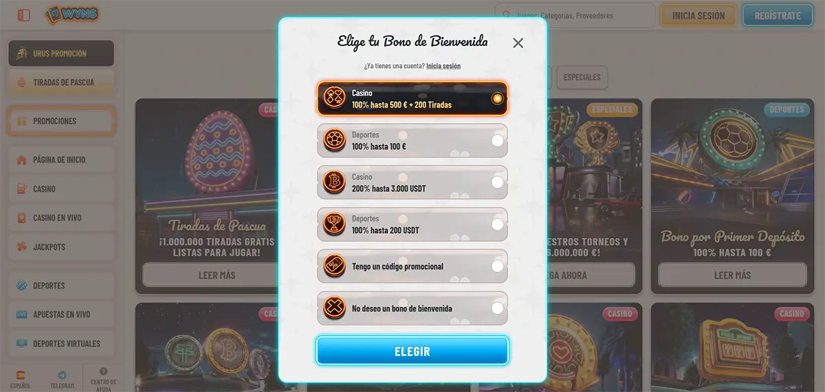 Spanish casino welcome bonus selection popup with multiple bonus options for casino, sports, and crypto offers, plus promo code and no-bonus choices, and a bright blue “Elegir” button on a light casino interface.
