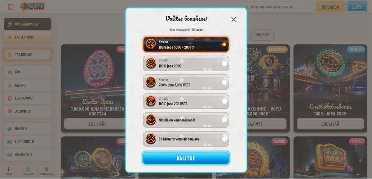 Finnish casino welcome bonus selection popup with multiple bonus options for casino, sports, and crypto offers, plus promo code and no-bonus choices, and a bright blue “Valitse” button on a light casino interface.