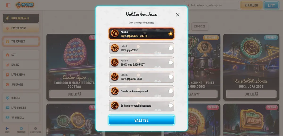 Finnish casino welcome bonus selection popup with multiple bonus options for casino, sports, and crypto offers, plus promo code and no-bonus choices, and a bright blue “Valitse” button on a light casino interface.