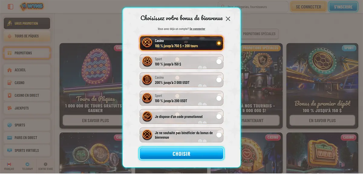 French casino welcome bonus selection popup with multiple bonus options for casino, sport, and crypto offers, plus promo code and no-bonus choices, and a bright blue “Choisir” button on a light casino interface.