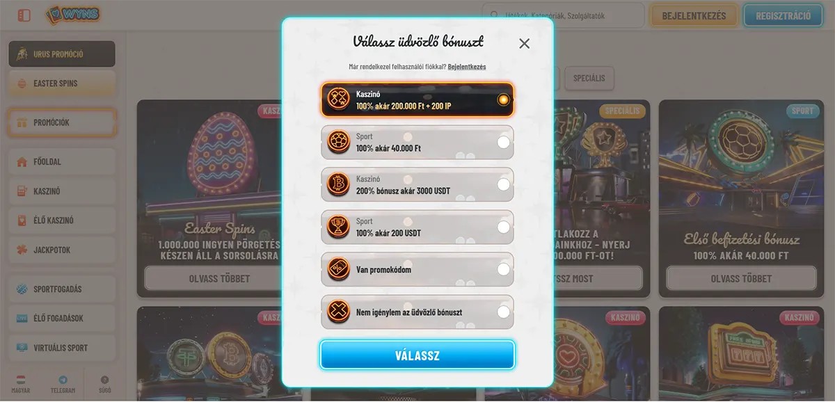 Hungarian casino welcome bonus selection popup with multiple bonus options for casino, sport, and crypto offers, plus promo code and no-bonus choices, and a bright blue “Válassz” button on a light casino interface.