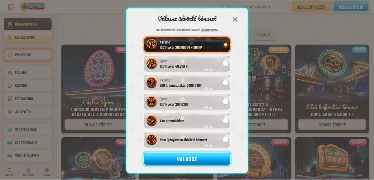 Hungarian casino welcome bonus selection popup with multiple bonus options for casino, sport, and crypto offers, plus promo code and no-bonus choices, and a bright blue “Válassz” button on a light casino interface.