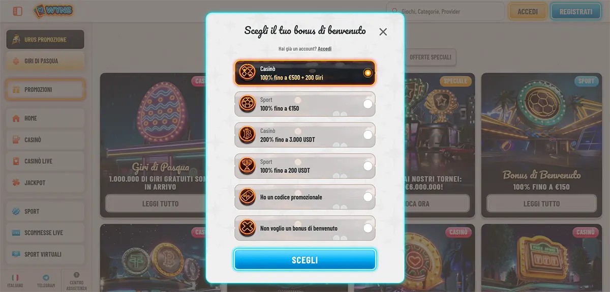 Italian casino welcome bonus selection popup with multiple bonus options for casino, sport, and crypto offers, plus promo code and no-bonus choices, and a bright blue “Scegli” button on a light casino interface.