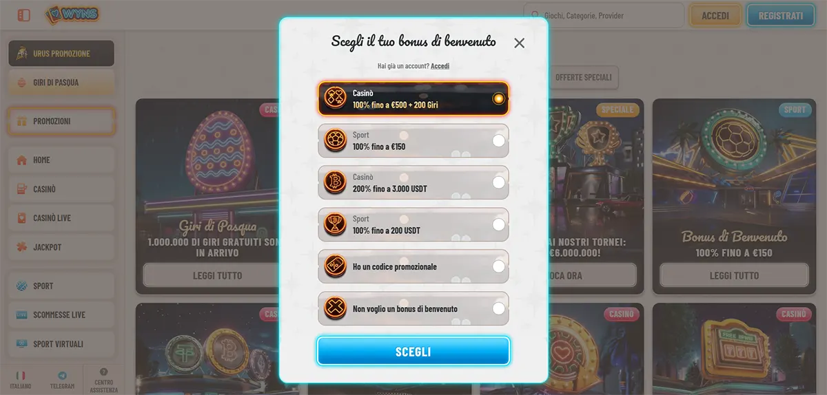 Italian casino welcome bonus selection popup with multiple bonus options for casino, sport, and crypto offers, plus promo code and no-bonus choices, and a bright blue “Scegli” button on a light casino interface.