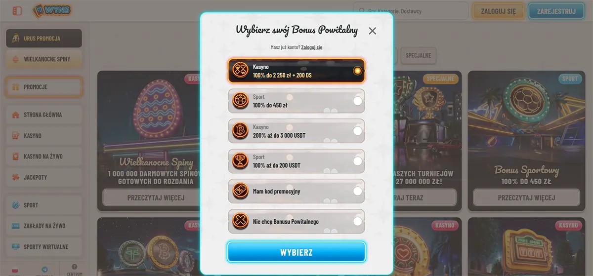 Polish casino welcome bonus selection popup with multiple bonus options for casino, sport, and crypto offers, plus promo code and no-bonus choices, and a bright blue “Wybierz” button on a light casino interface.